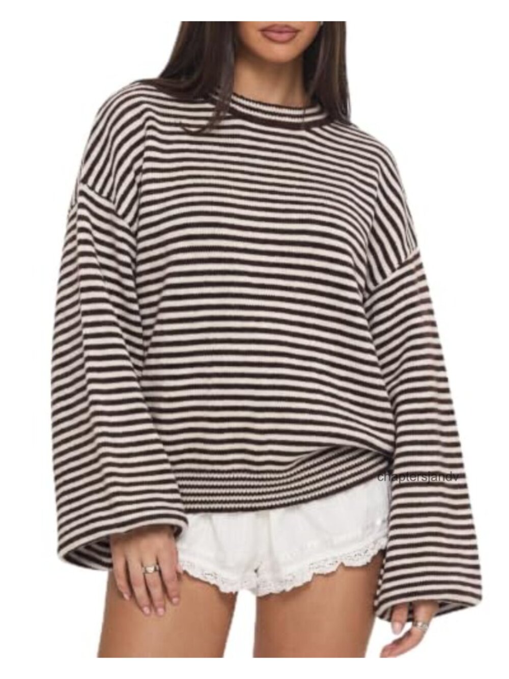 Oversized Striped Crewneck Sweater Balloon Sleeve Pullover